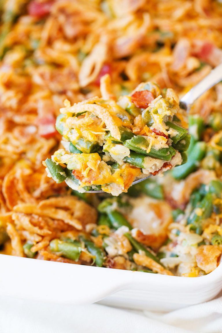 Cheesy Green Bean Casserole with Bacon - Handle the Heat