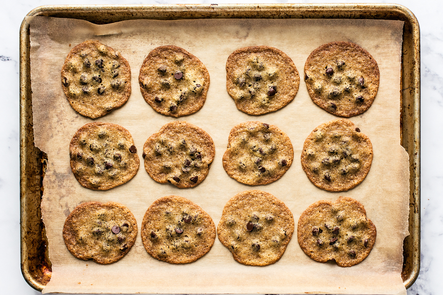 a tray of thin and crunchy chocolate chip cookies, fresh out of the oven