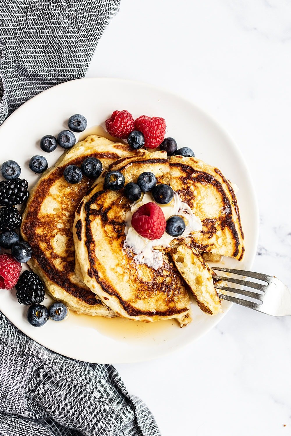 Overhead look of pancakes with golden brown cripsy edges