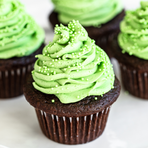 plate of four chocolate cupcakes with mint frosting and green sprinkles.