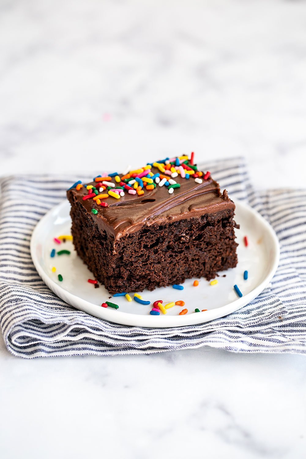 Piece of cake on a plate with a napkin underneath, ready to serve at a summertime BBQ