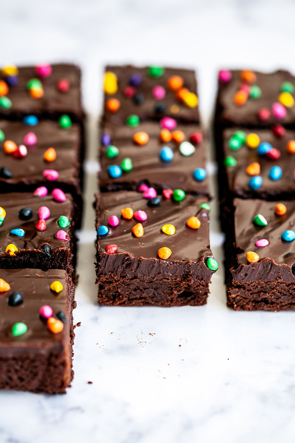 slices of Cosmic Brownies neatly in rows, ready to be served. 