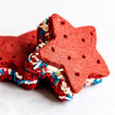 Homemade red velvet ice cream sandwiches with vanilla ice cream