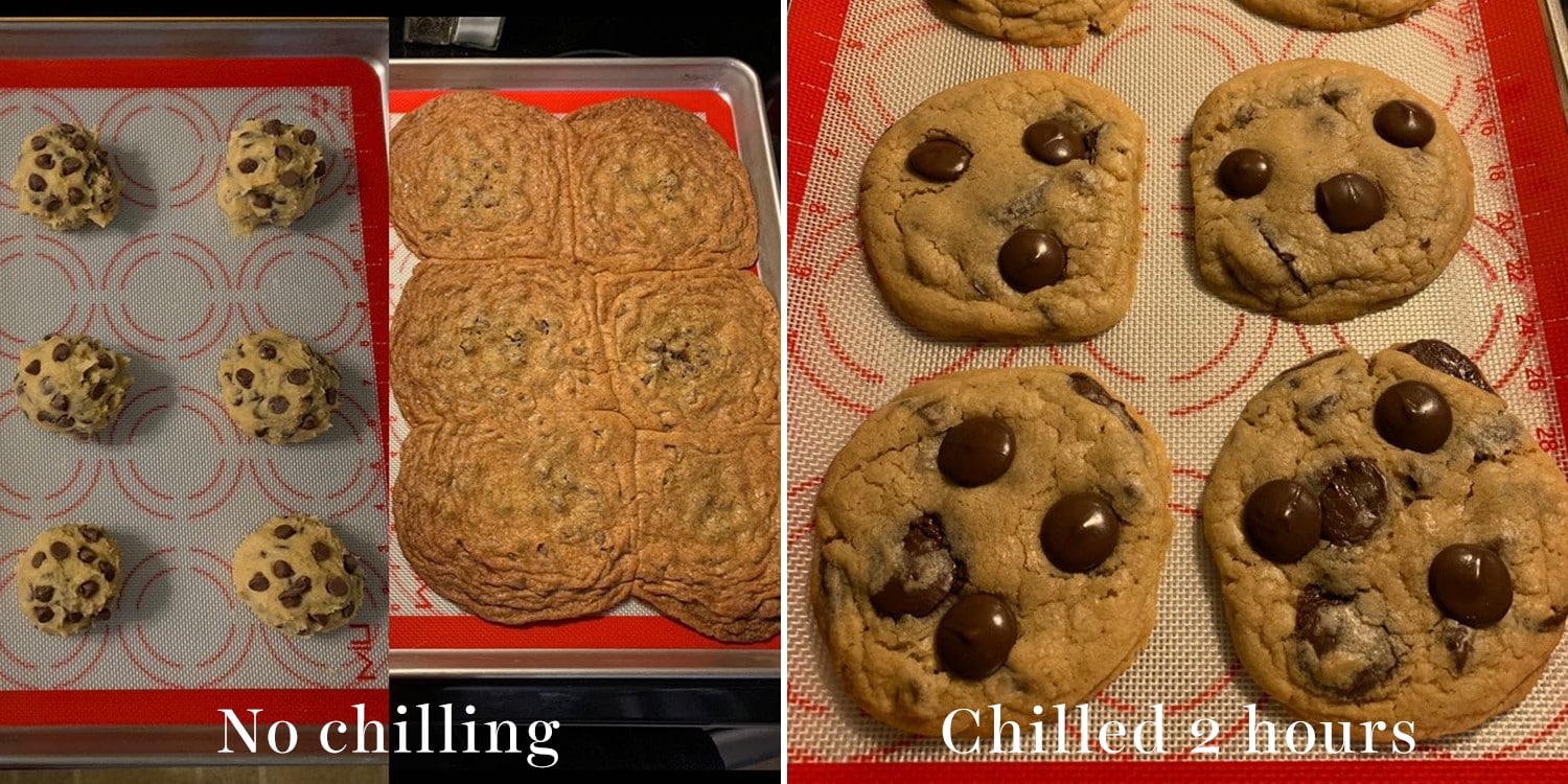 a reader's photo of flat cookies vs thick cookies due to chilling cookie dough.