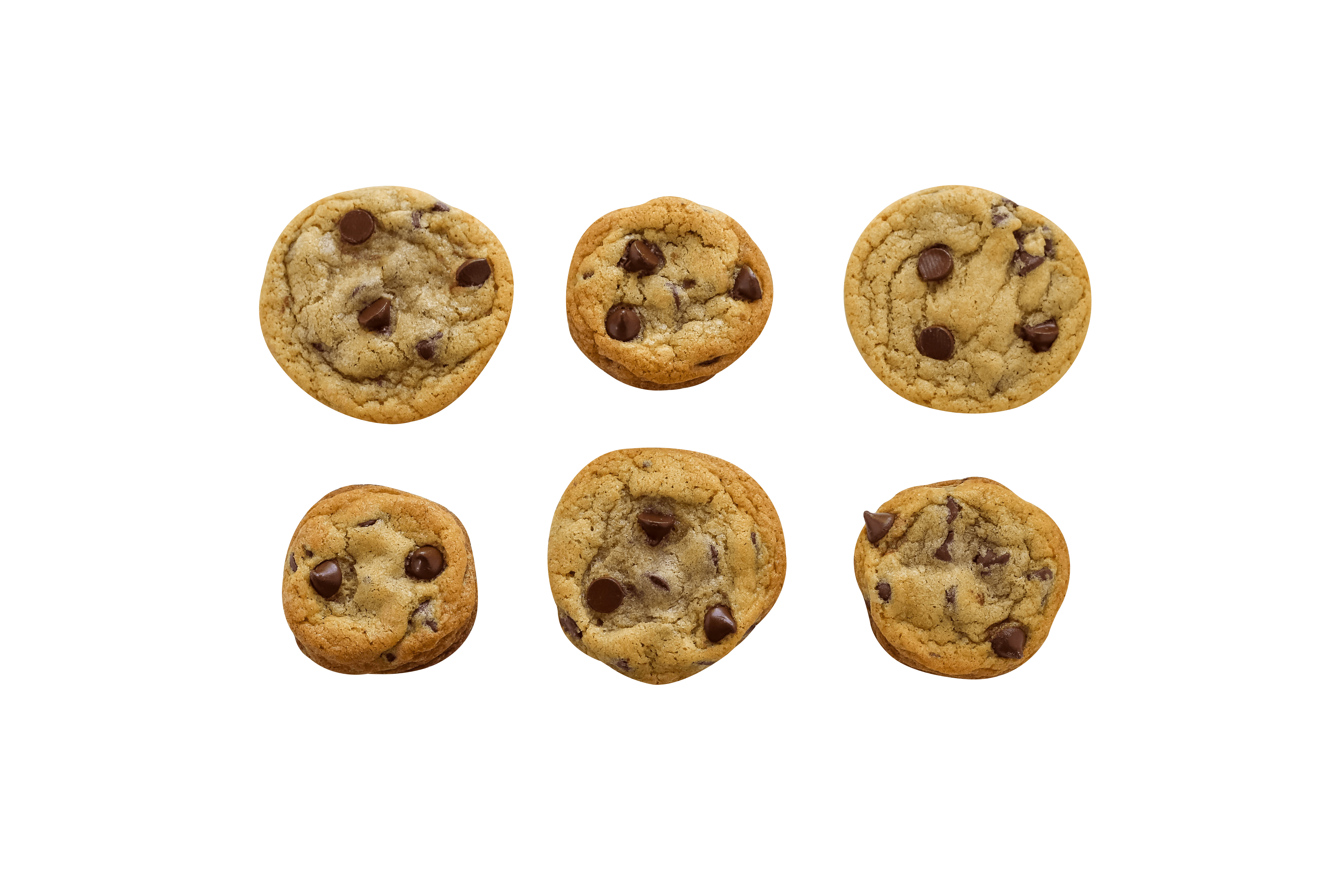 Six cookies baked on different baking sheets