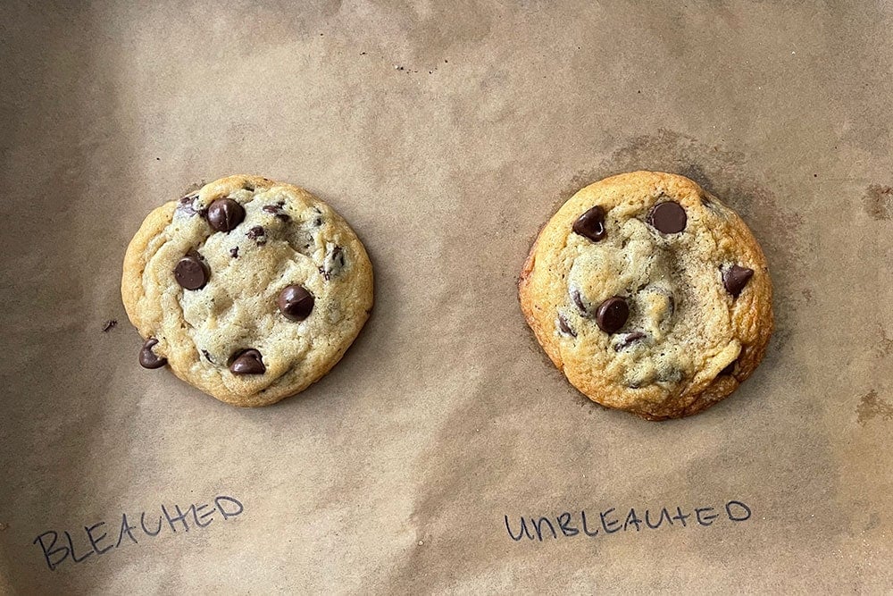 Bleached vs. unbleached flour used in chocolate chip cookies for a side-by-side comparison.