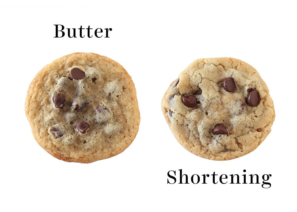 Thinner cookie made with butter vs. thicker cookie made with shortening