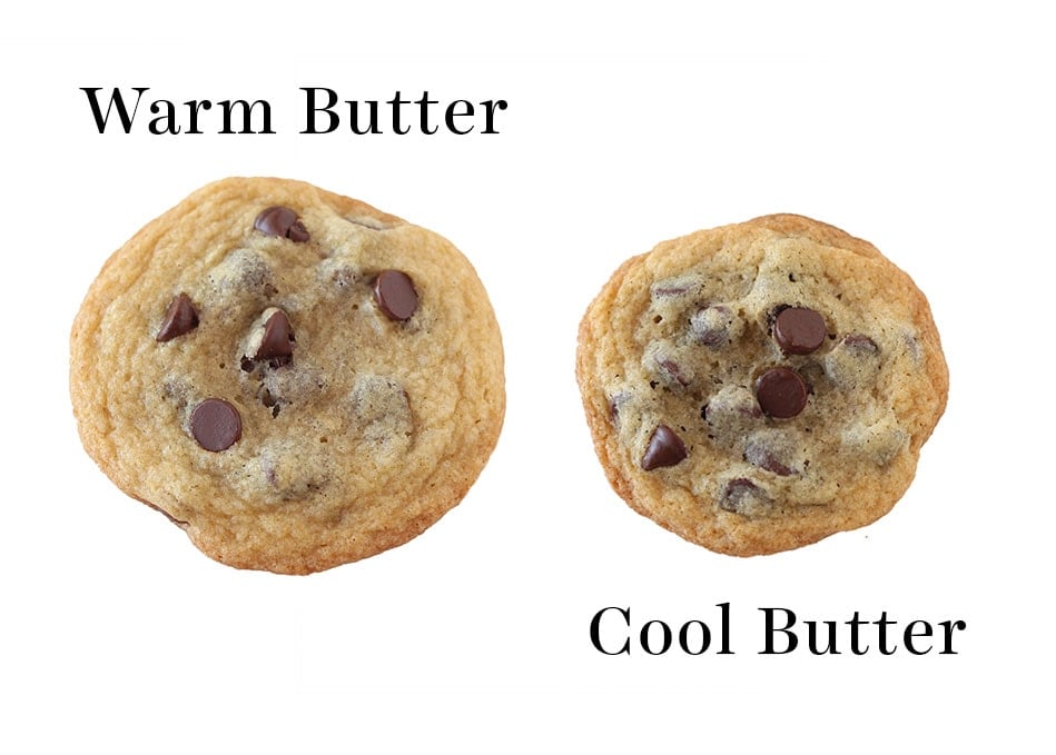 Flat cookie made with warm butter vs. thicker cookie made with cool butter.