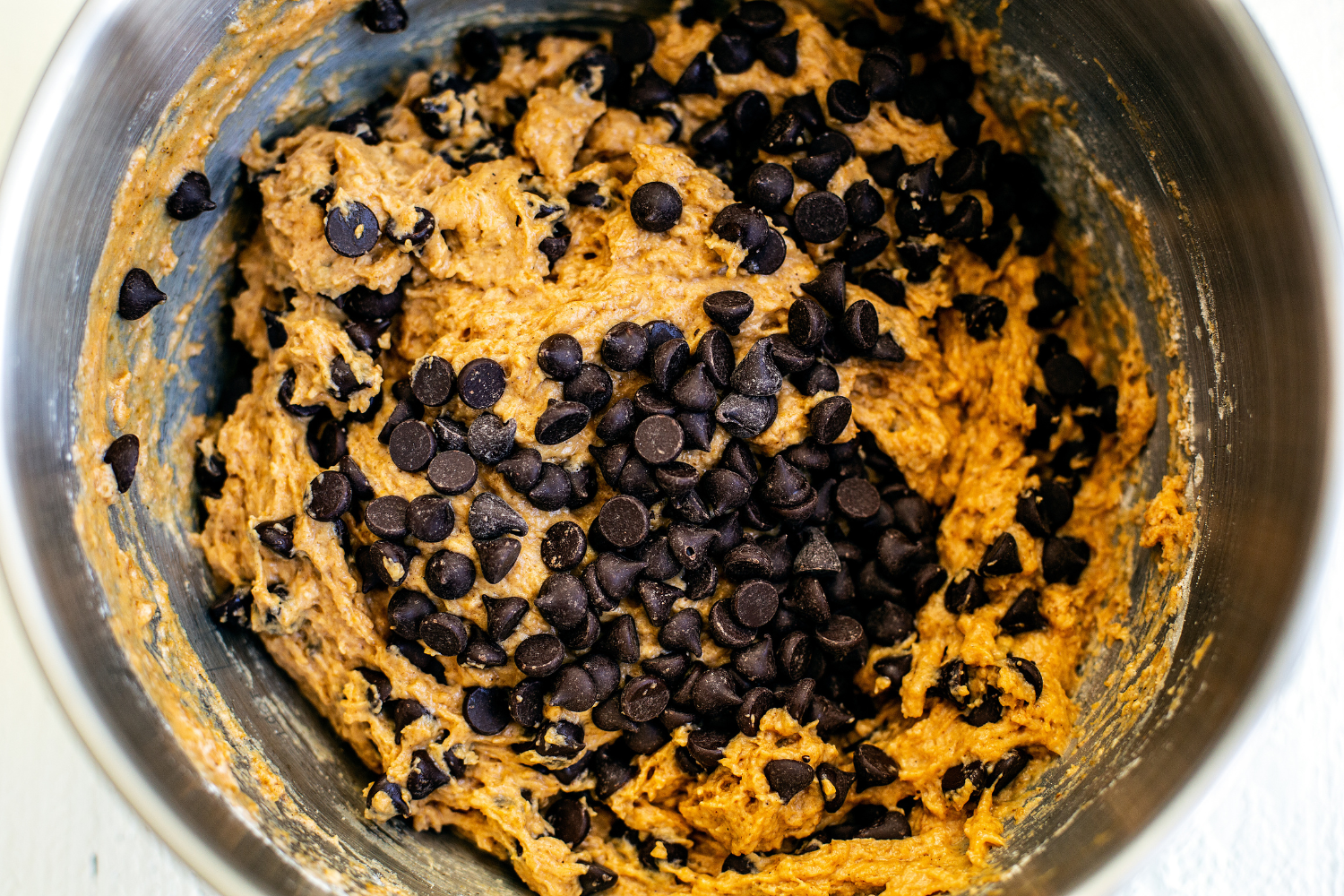 Pumpkin Chocolate Chip Muffins batter, ready to portion out and bake