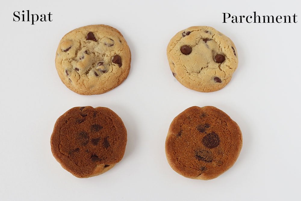 Four cookies side by side to compare silpat vs parchment paper