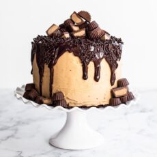 Peanut butter brownie cake on a cake stand topped with dipping chocolate ganache and peanut butter cups