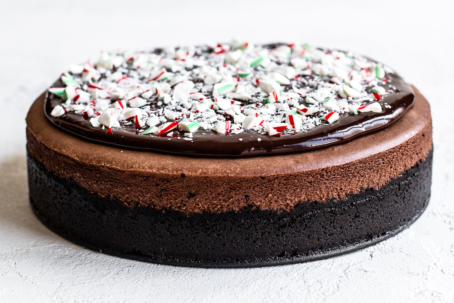 a whole unsliced Chocolate Peppermint Cheesecake.