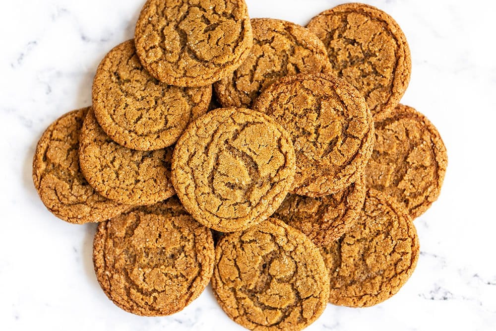 Gingersnaps piled on a counter