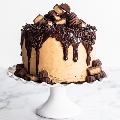 peanut butter frosting on a fudgy chocolate brownie cake, with a chocolate ganache drip and peanut butter cups on top for decoration, all presented on a white cake stand
