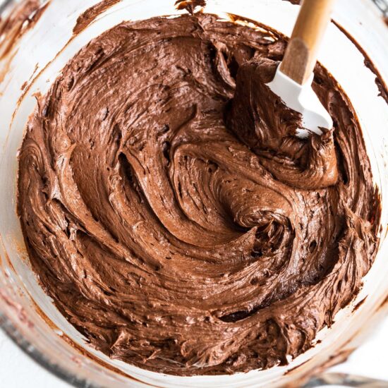 Mixing bowl with silky chocolate buttercream frosting