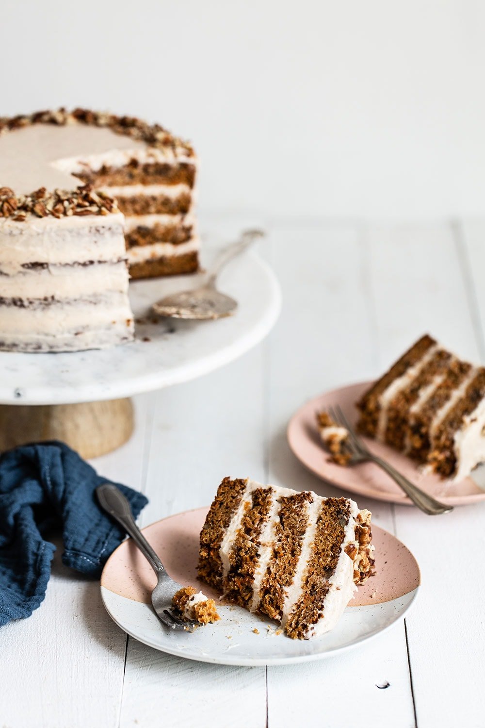 Slices of carrot cake ready to serve for Easter dessert. 