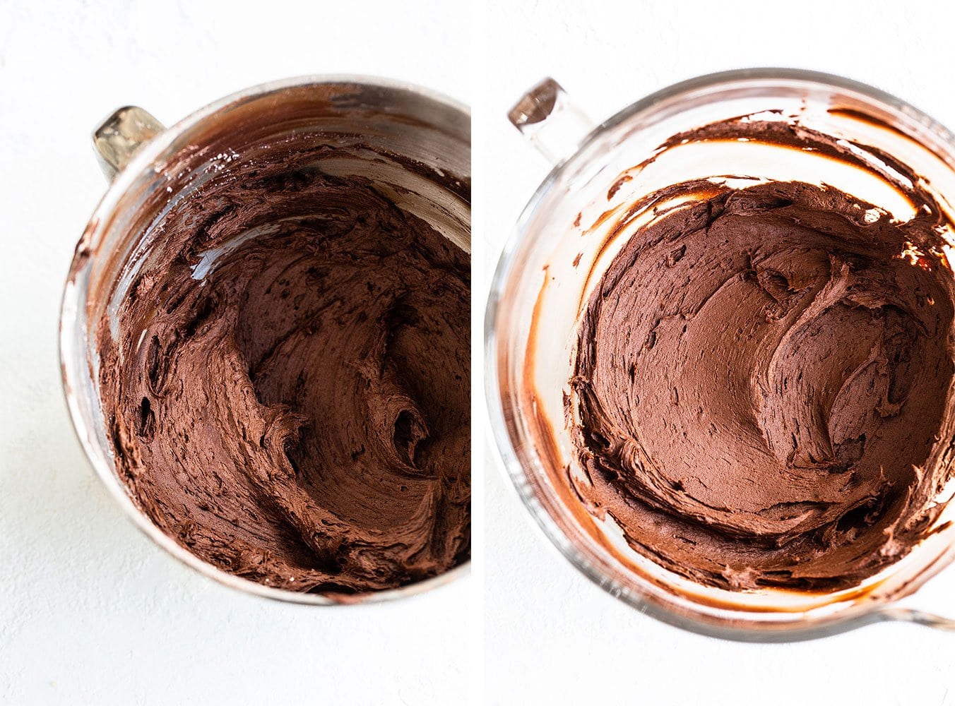 Collage: image on left shows barely beaten frosting and image on right shows frosting beaten for several minutes