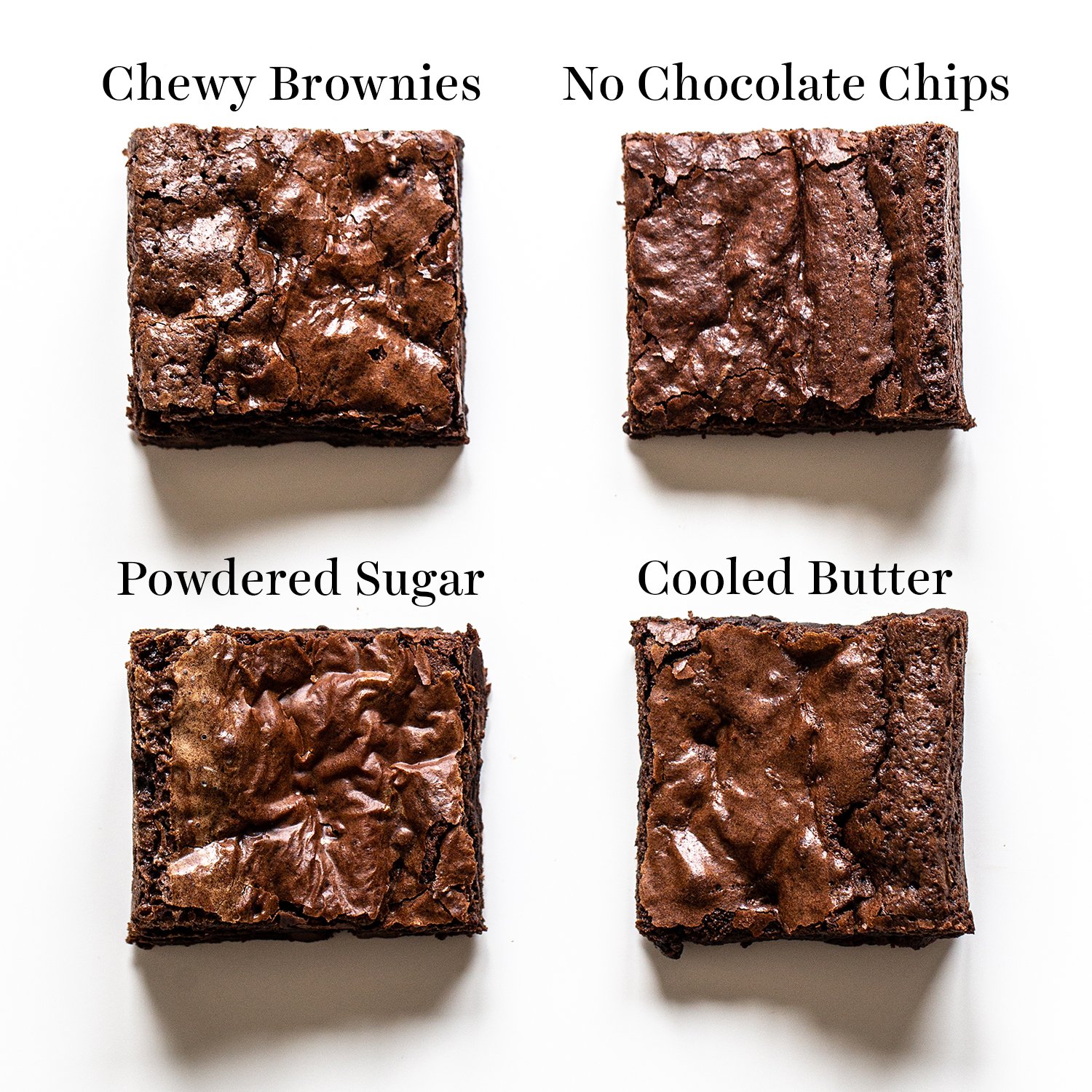 overhead photo of brownies, comparing no chocolate chip brownies, vs. powdered sugar brownies, vs cooled butter brownies