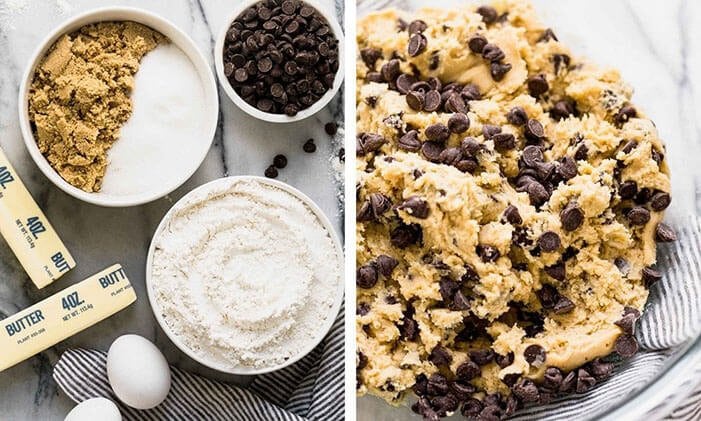 Bakery Style Chocolate Chip Cookies ingredients and cookie dough