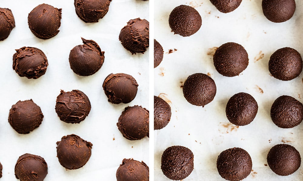 side-by-side of the before and after of the truffles being rolled into perfect spheres.