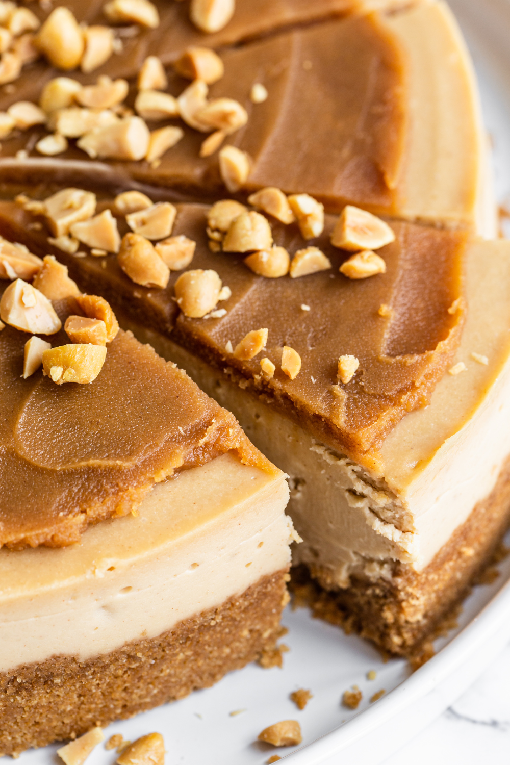closeup of a slice of peanut butter cheesecake