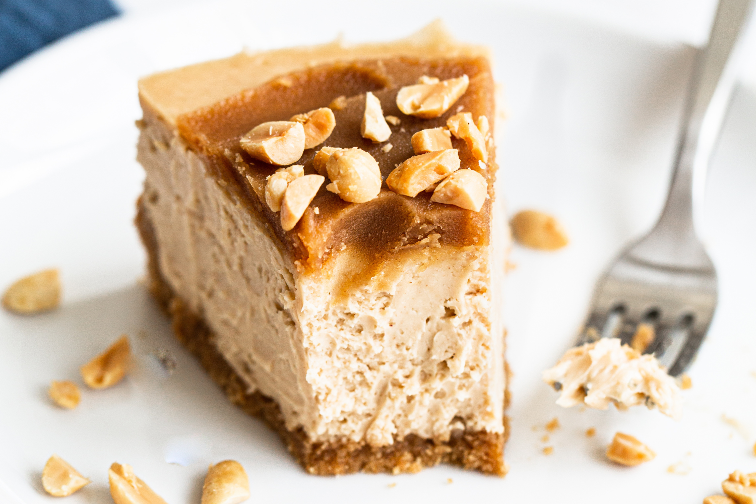 a slice of Ultimate Peanut Butter Cheesecake with a bite taken out