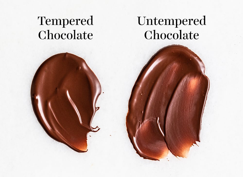 side by side comparison: tempered, shiny chocolate vs. dull untempered chocolate 