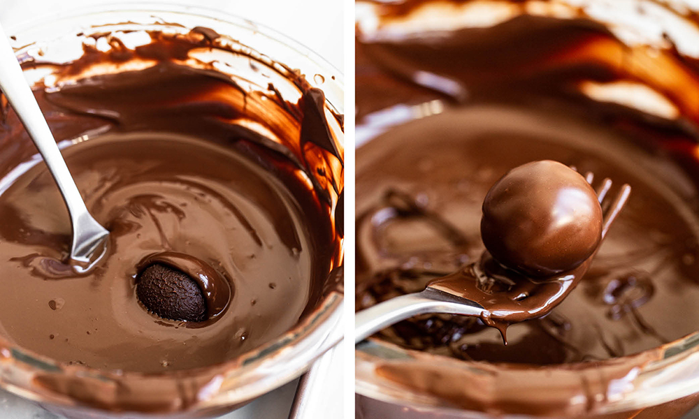 side-by-side images showing how to dip a truffle into melted chocolate.