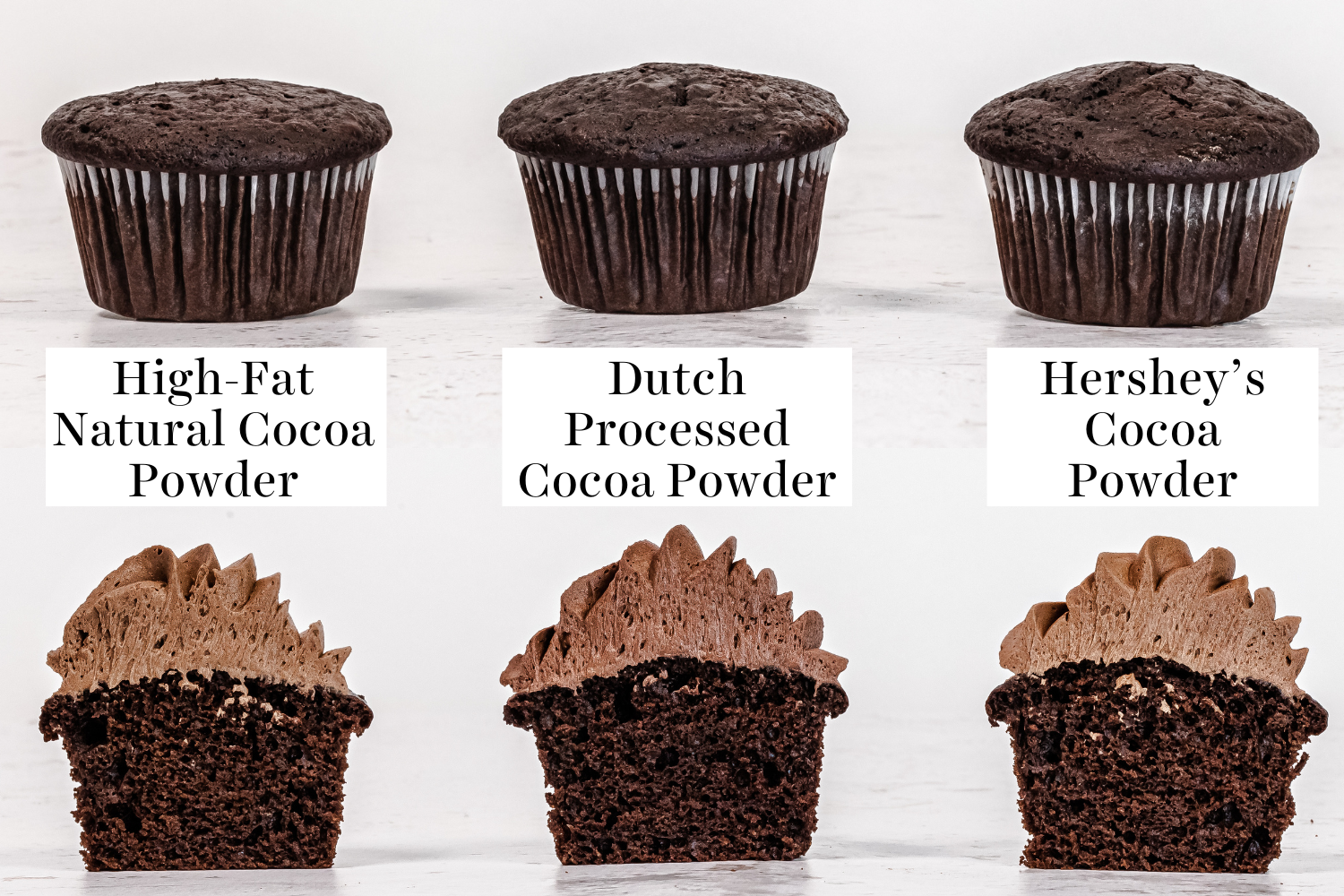 three cupcakes made with different types of cocoa powder, to show how they compare.