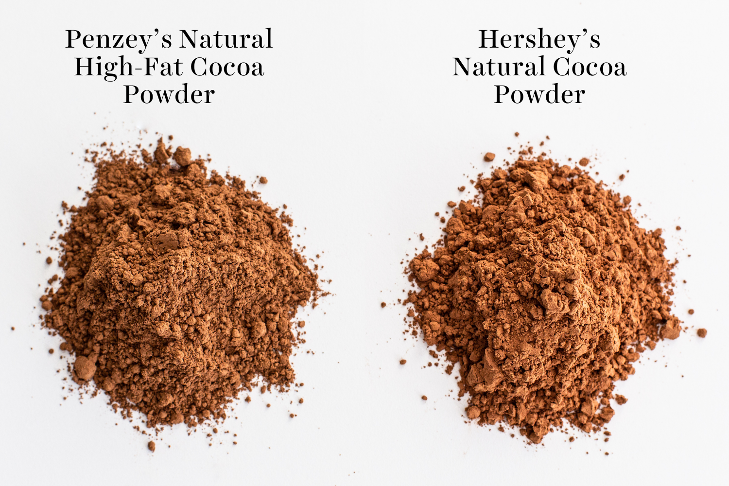 two piles of cocoa powder - one Penzey's and one Hershey's.