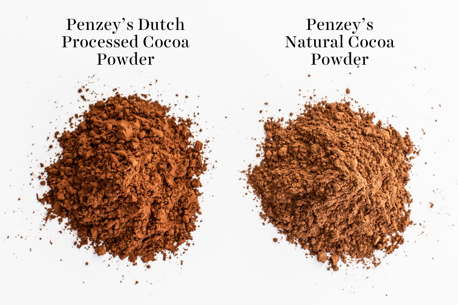 two piles of cocoa powder, both Penzey's brand - one Dutched and one natural.