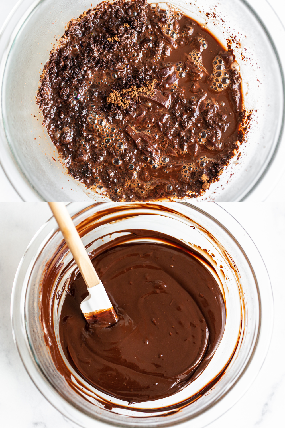 two photos, one of melted chocolate, cocoa powder and espresso powder, ready to be combined; and the other photo after mixing til smooth, and now ready to be used in the batter