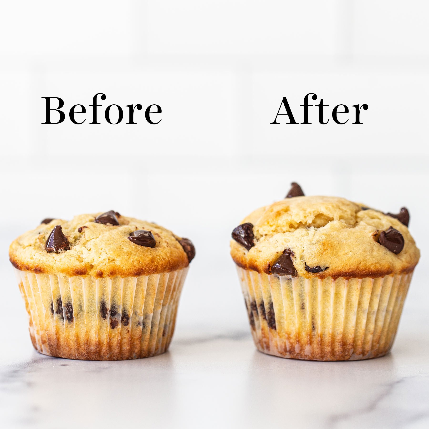 comparison of muffin batter rested vs baked immediately. The muffin not rested is shorter, and the muffin that was rested is a tall bakery style muffin.