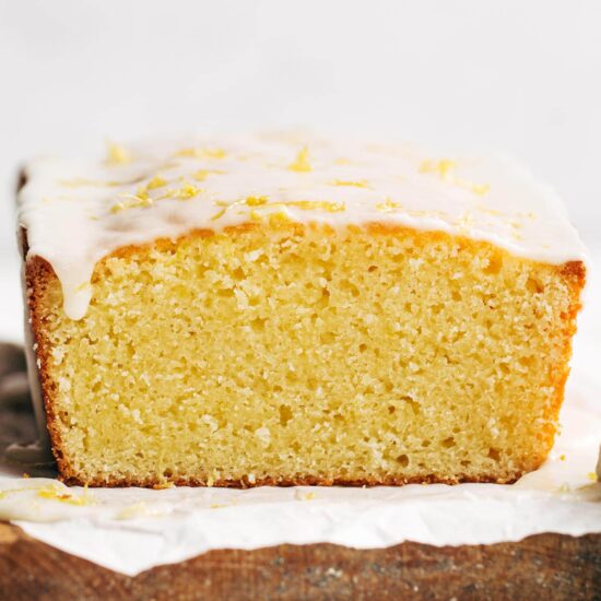 homemade lemon pound cake loaf with icing on top