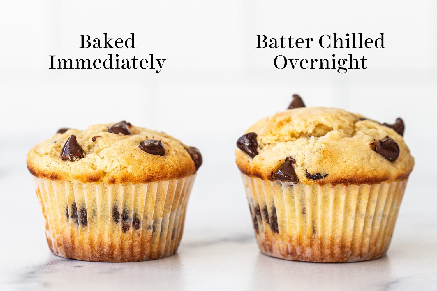 two side-by-side muffins - one where the batter was made and it was baked immediately, and the other taller muffin, where the batter was chilled overnight and then baked the following day.
