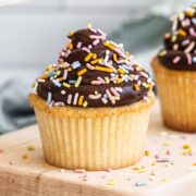 light, fluffy and moist yellow cupcakes with chocolate frosting and sprinkles
