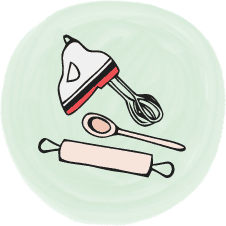 a graphic of an electric mixer, a wooden spoon, and a rolling pin in a round blue circle.