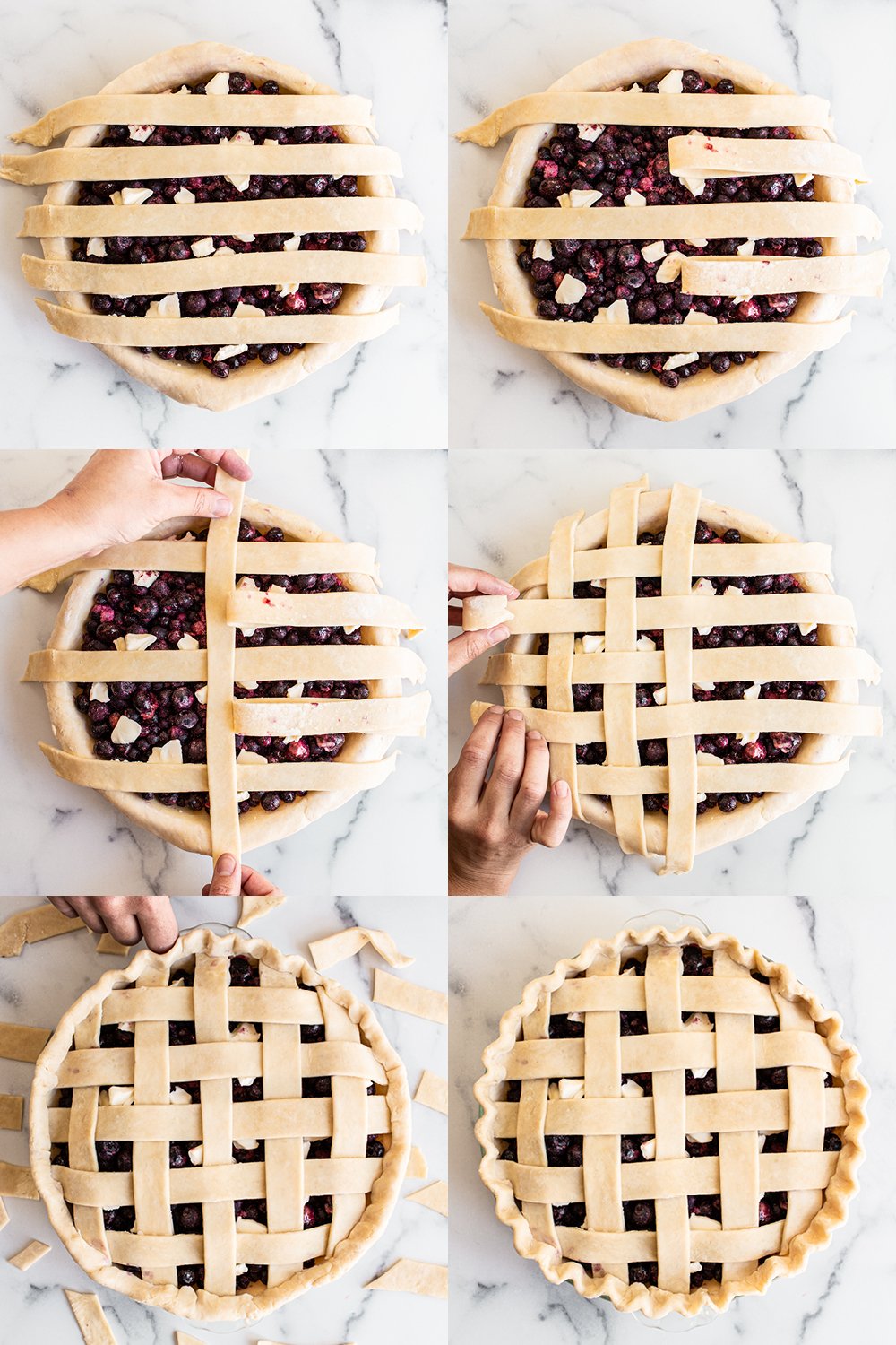 step by step photo collage showing how to prepare lattice crust before baking.