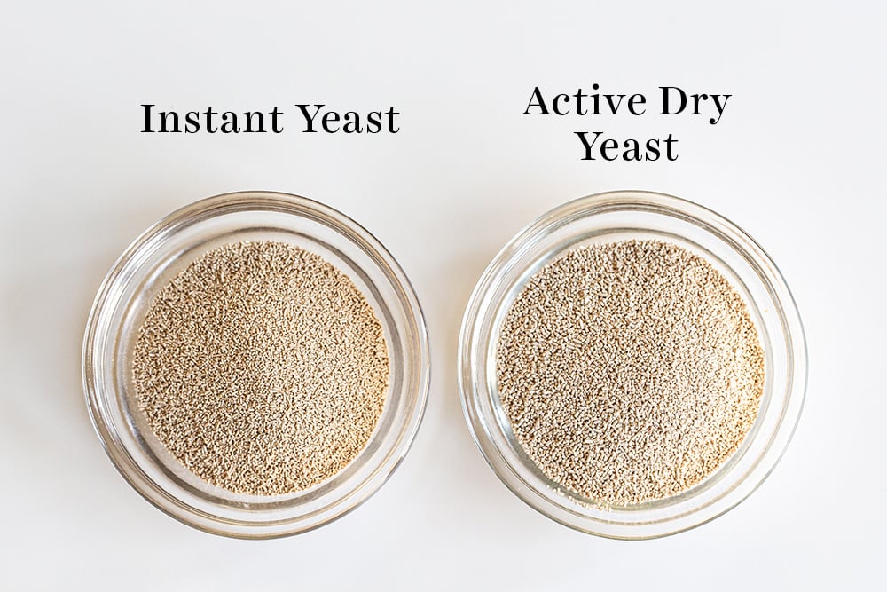 instant yeast in a bowl next to active dry yeast in a bowl