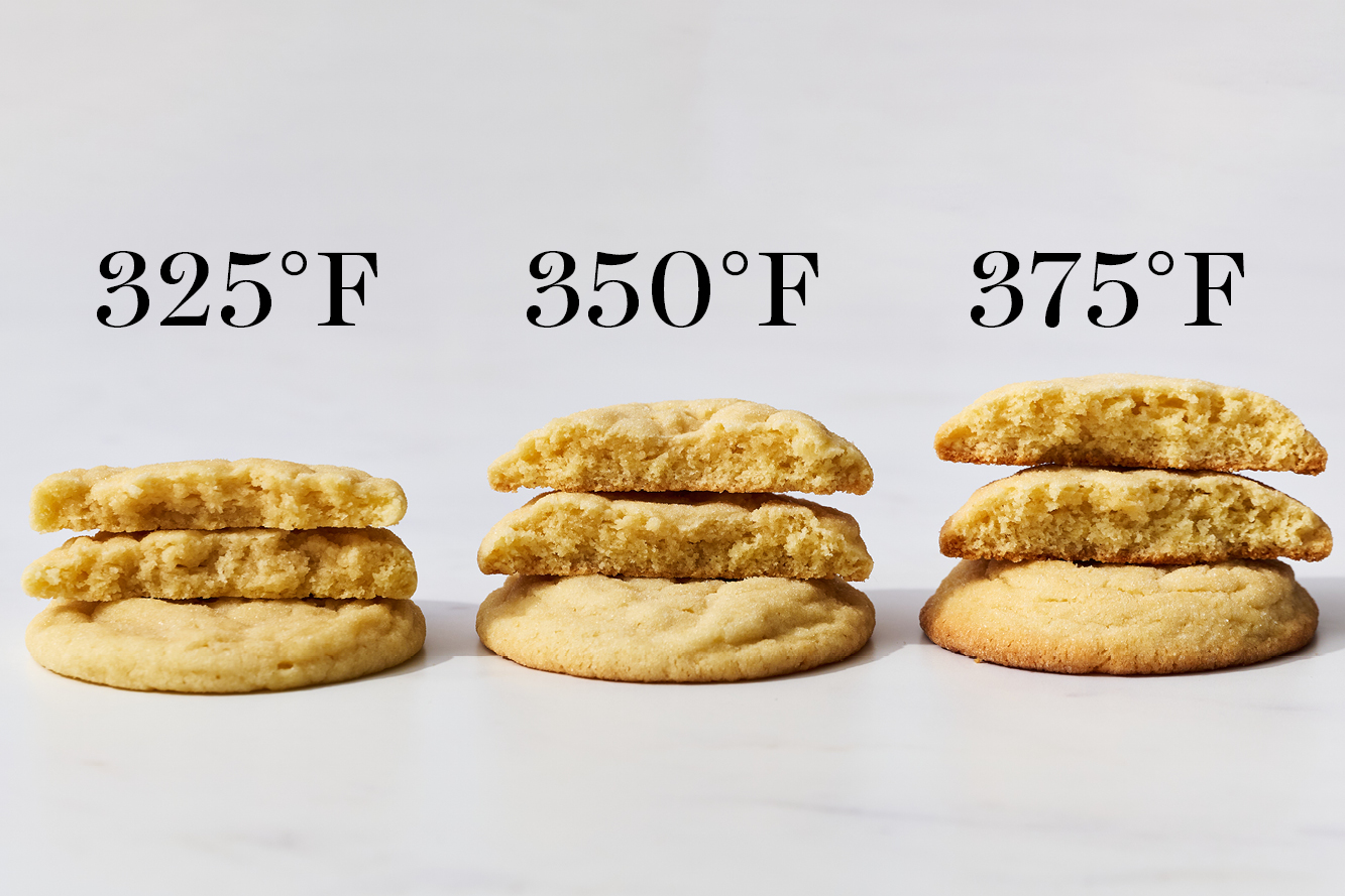 one cookie baked at 325, one at 350, and one at 375 to show the differences in browning
