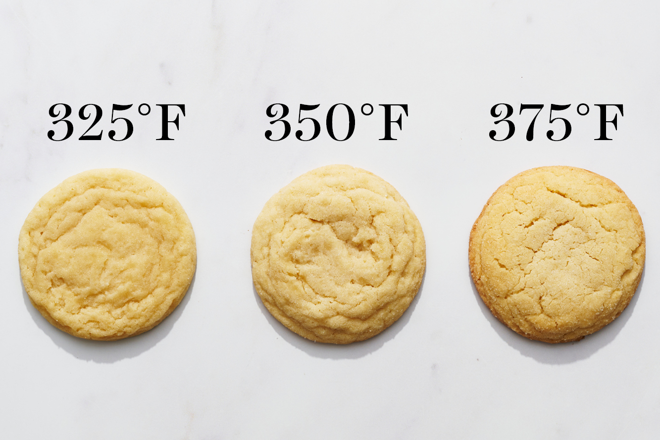one cookie baked at 325, one at 350, and one at 375 to show the differences in browning