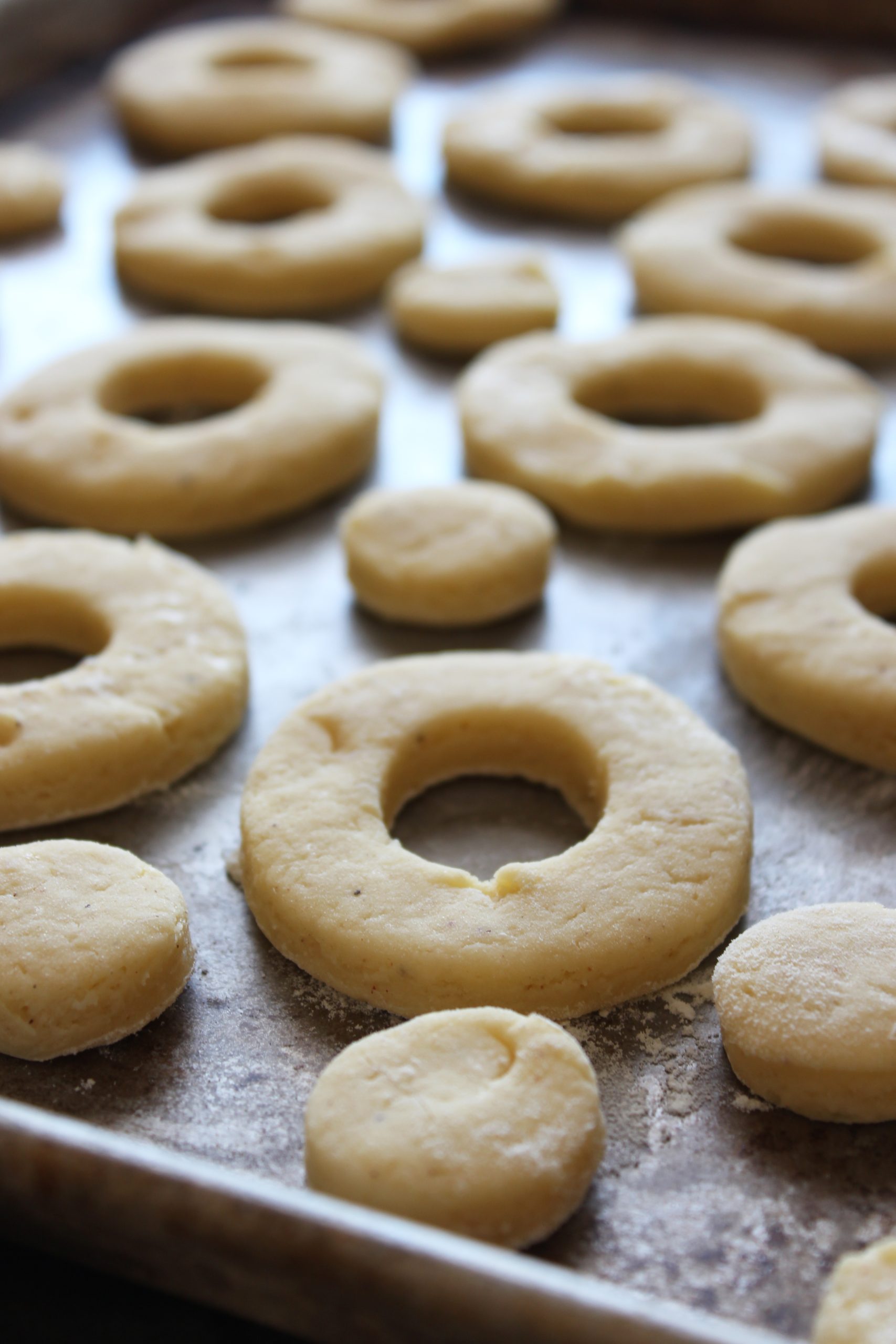 unbaked sour cream donuts, waiting to be fried