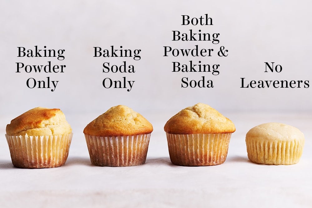 comparison of homemade muffins made with baking powder vs baking soda.