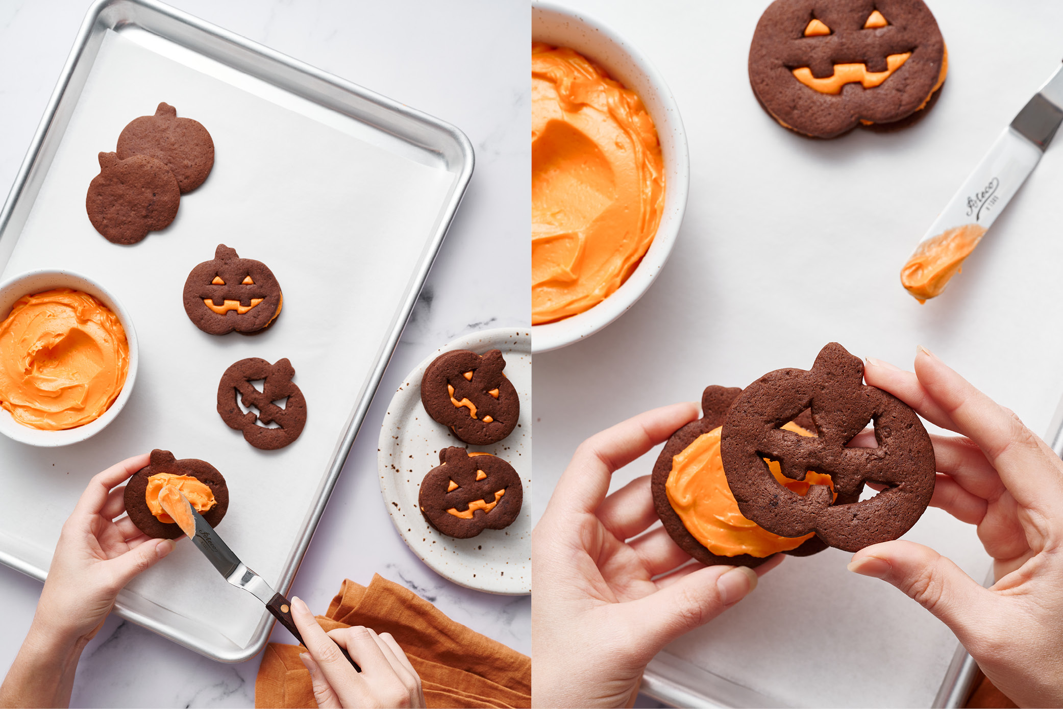 side-by-side images showing how to fill the jack-o-lantern cut-out cookies
