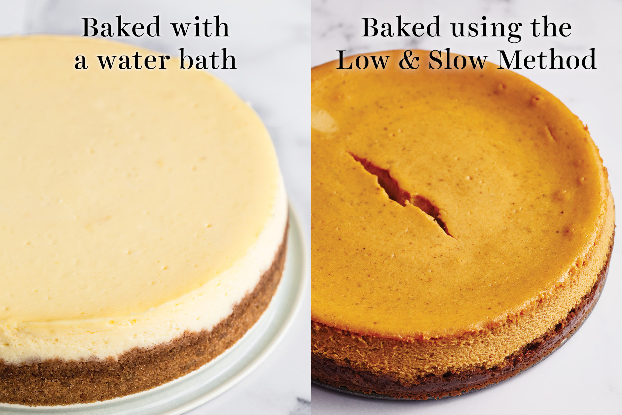 side by side comparison of a cheesecake baked in a water bath, vs another cheesecake baked without a water bath