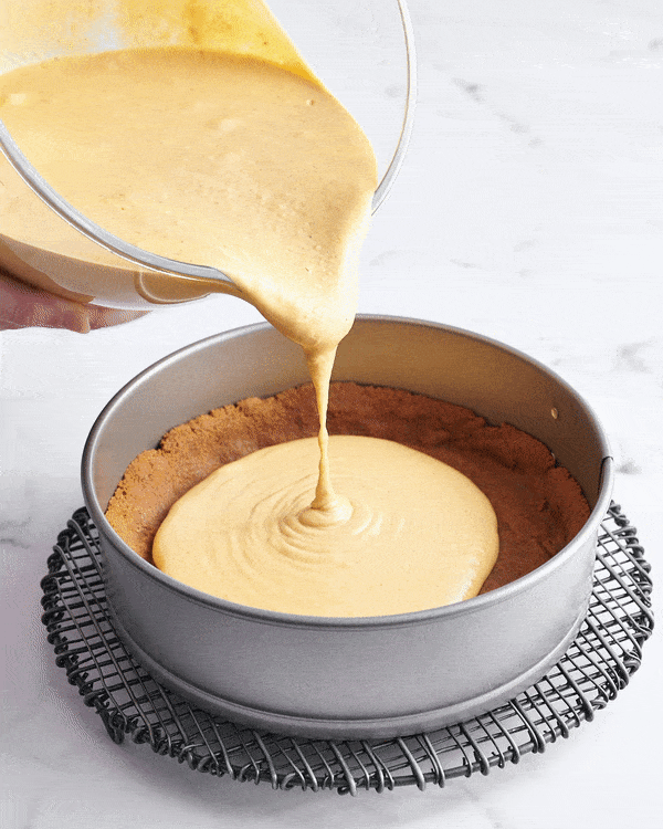 poring the cheesecake batter into the prepared springform pan