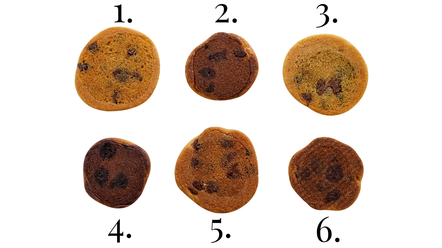 6 cookies baked on different brands and styles of baking pans, browned to varying degrees of doneness