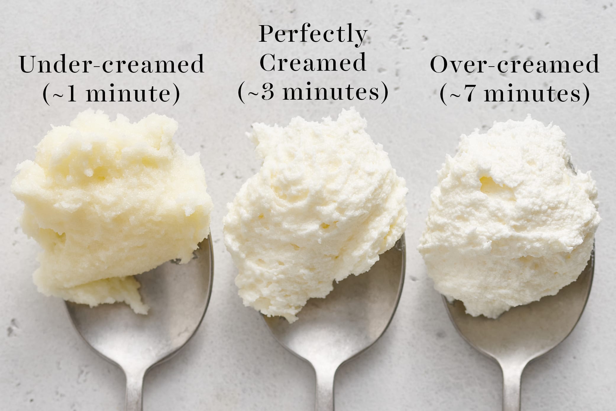 under-creamed, perfectly creamed, and over-creamed butter and sugars on spoons