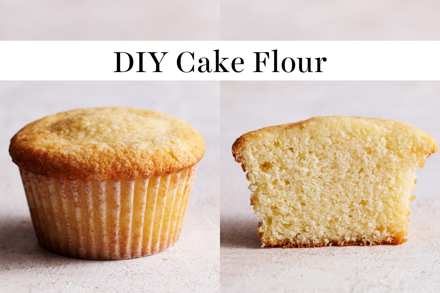 side-by-side whole cupcake with a cupcake cut in half, both made with DIY cake flour.