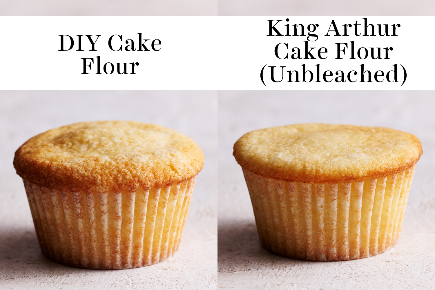 diy cake flour vs. king arthur brand cake flour cupcakes side by side.